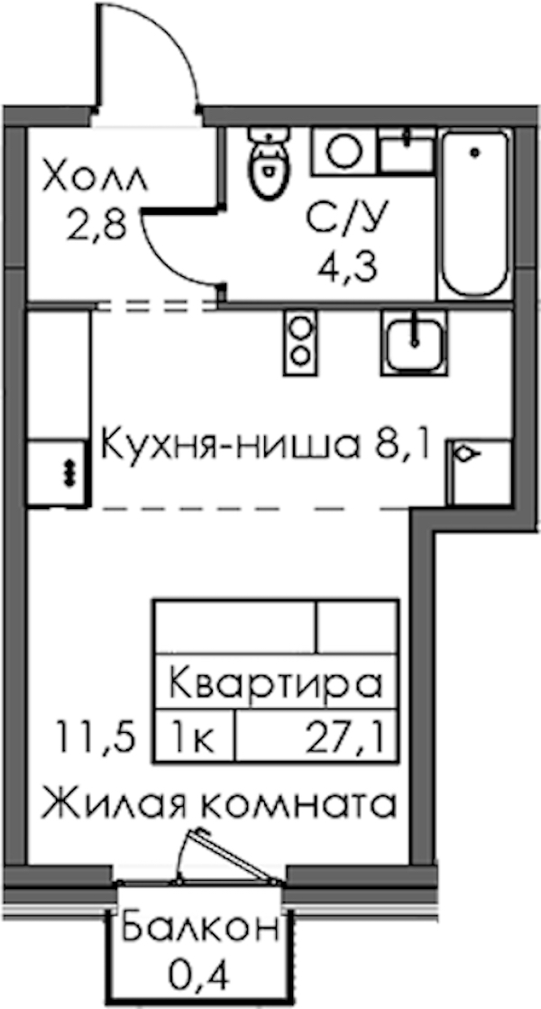 Квартира студия 27.1 м², 11/12 эт., ЖК «Шкиперский 19»